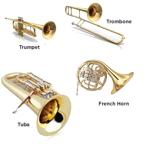 Photos of a tuba, trumpet, French horn, and trombone.