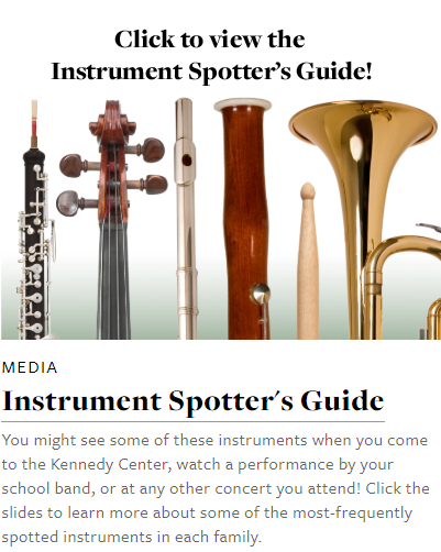 A picture of an oboe, cello, flute, bassoon, drumstick, and trumpet which is clicked will take you to the Instrument Spotters Guide resource.