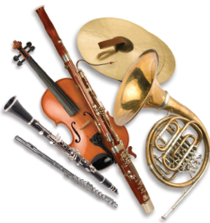 A flute, clarinet, violin, bassoon, French horn, and cymbal.