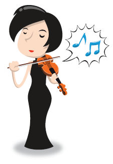 A cartoon caricature of a slim White woman with short dark hair wearing a floor length black gown playing a violin.