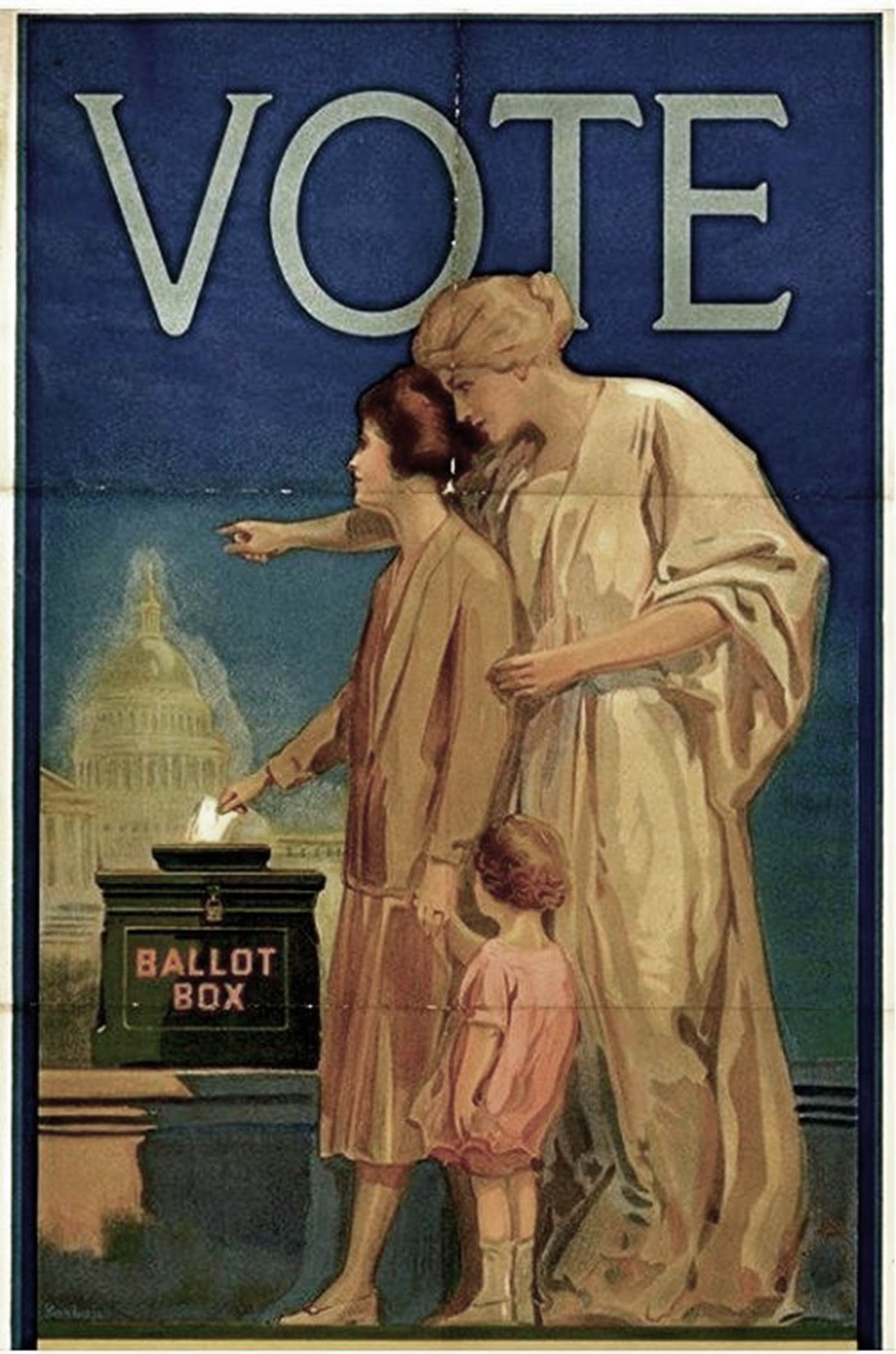 VOTE poster by League of Women Voters (1920?) Woman, with daughter, placing ballot in box, female spirit behind her pointing to U.S. Capitol.
