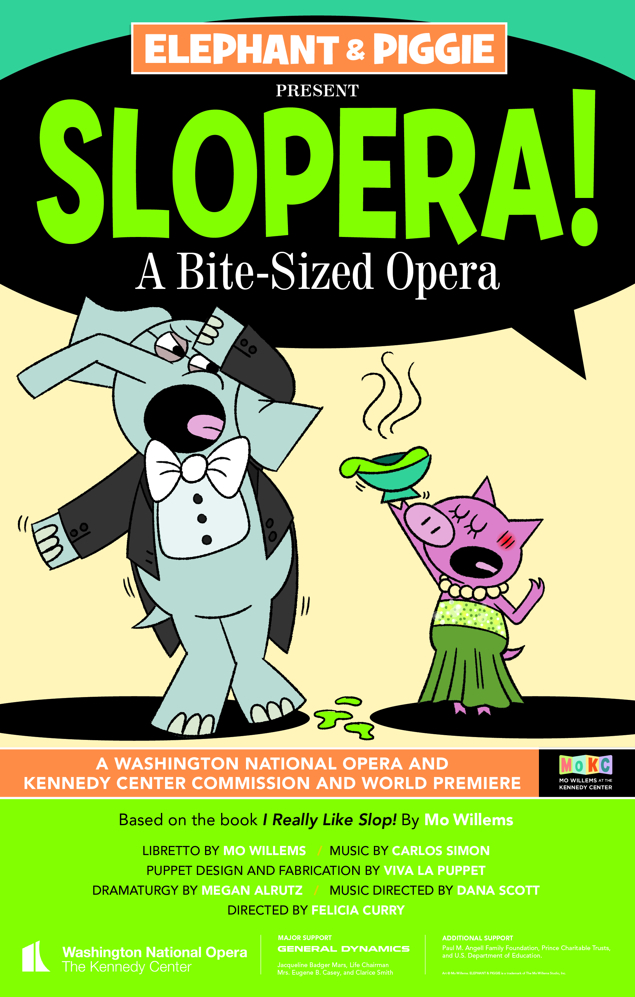 Poster version of the Elephant Gerald and Piggie image from the top of this page along with title of the show and credits.