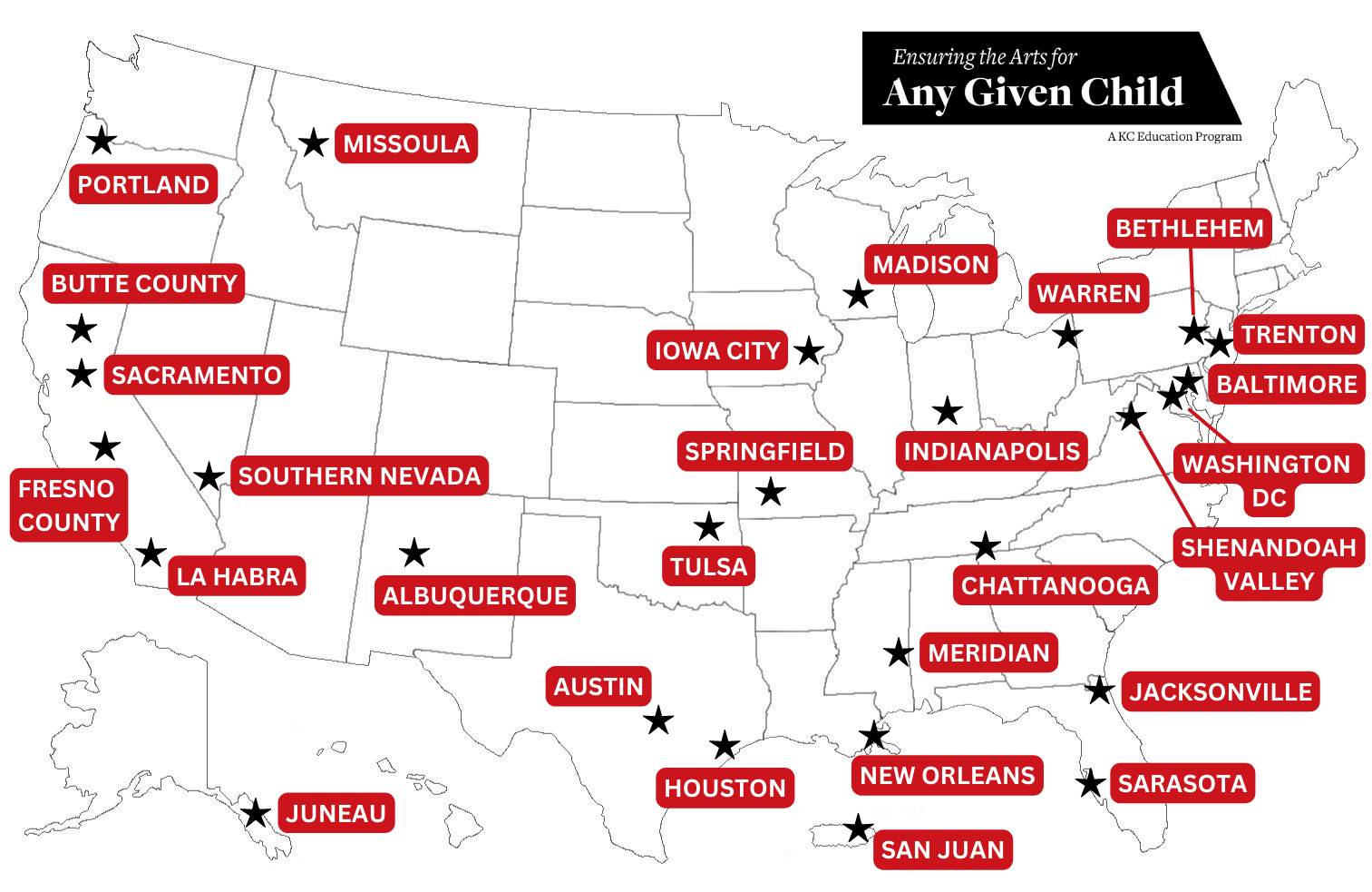 Line drawing of a map of the United States showing state borders. AGC communities are highlighted in red with black stars next to the city names.
