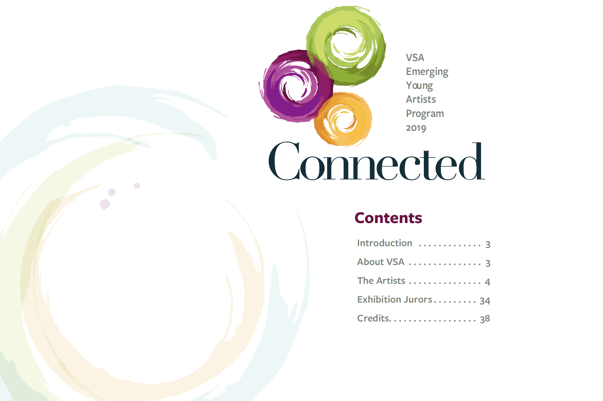 Connected catalog table of contents with logo at top listing Introduction page 3, About VSA page 3, The Artists starting page 4, Exhibition Jurors page 34, and Credits page 38.