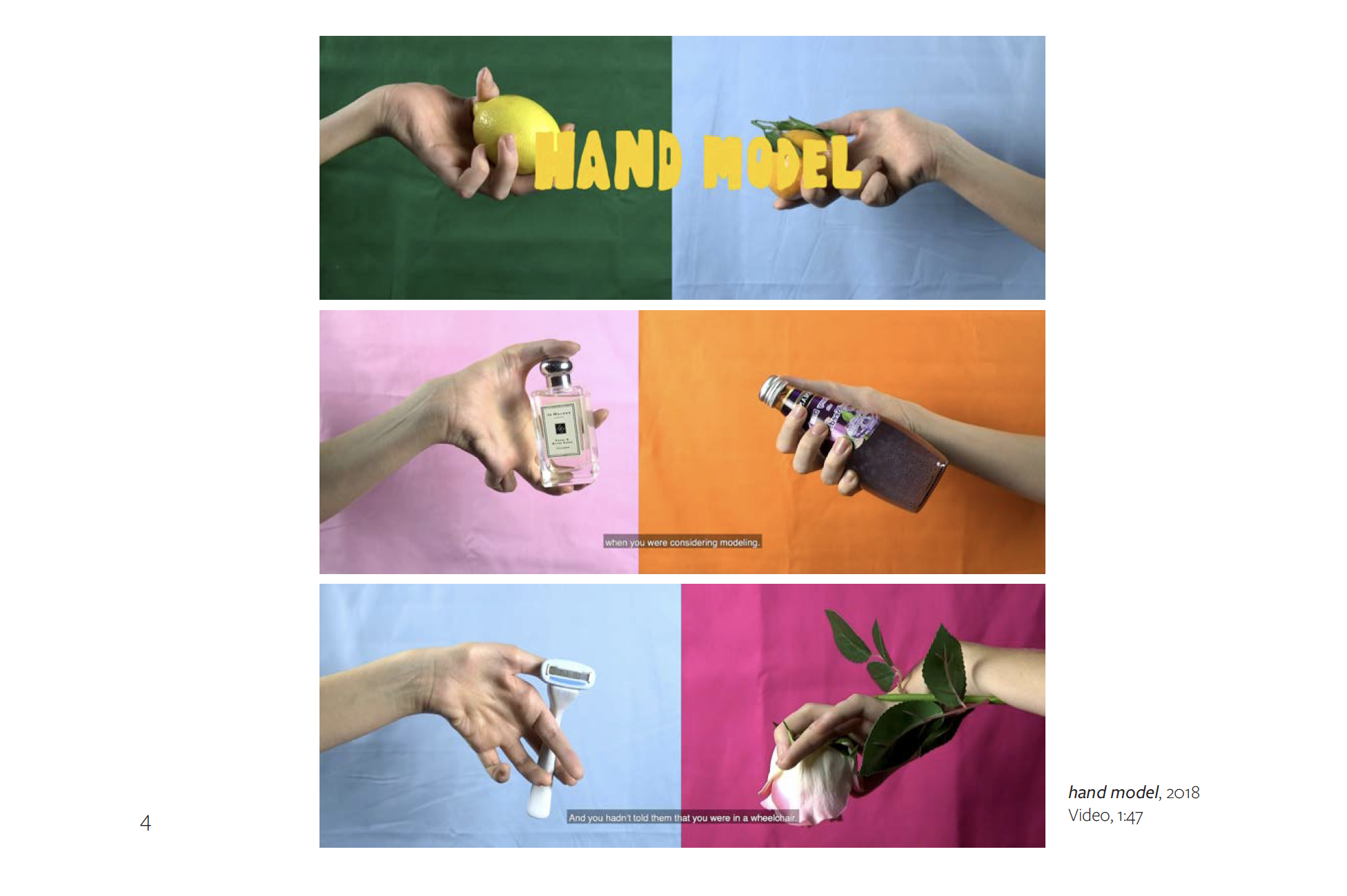 Photo of artwork by Michelle Miles from Charlottesville Virginia, age 22, grand prize winner. Caption is “hand model, 2018 Video, one minute forty-seven seconds.” Displayed is a still image of the video submission. 6 rectangular panels are stacked two by two on top of each other. Top left a White person's hand holding a lemon against a dark green background. Top right, a White person's hand holding an orange against a light blue background. The words “Hand Model” in big yellow all-caps are written across the top two panels. Middle left, a White person's hand holding a bottle of perfume against a light pink background. Middle right, a White person's hand holding a bottle of salad dressing against an orange background. The words "When you were considering being a model" are written across the middle two panels. Bottom left, a White person's hand holding a white disposable shaving razor against a light blue background. Bottom right, a White person's hand holding a wilting white and pink rose against a dark pink background. The words "And you hadn't told them that you were in a wheelchair" are written across the bottom two panels.
