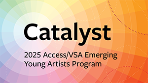 Image description: Black text reads Catalyst Emerging Young Artist Program over a background of warm colors with radiating circles.