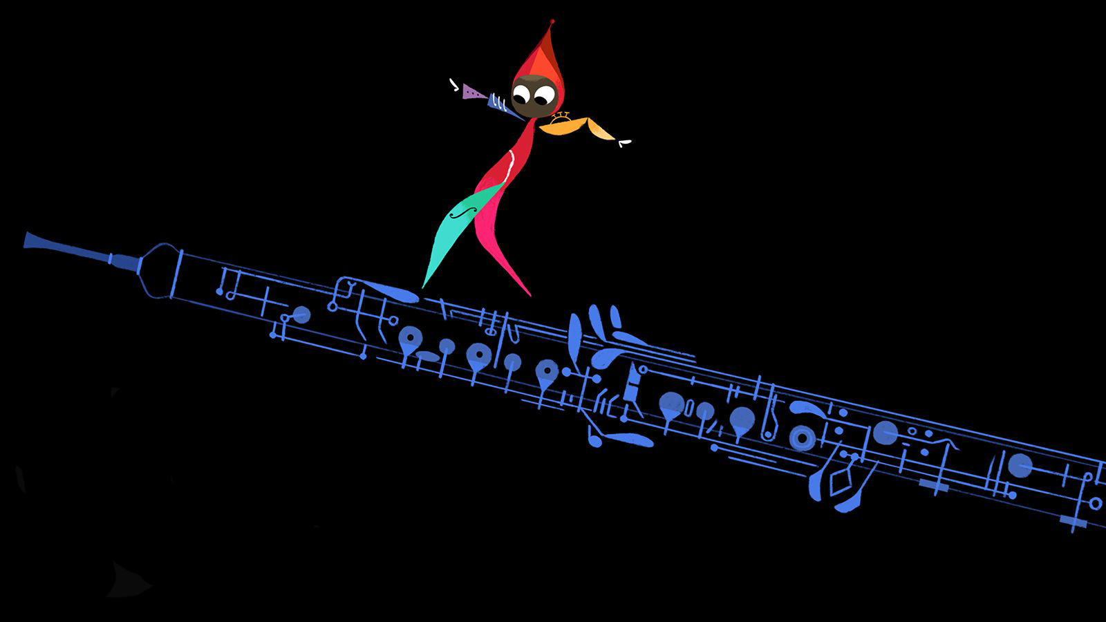 A still image of an animation scene shows a character named Sprite in a multi-colored outfit with a red pointy hat against a black background. Sprite walks along the top of a blue wireframe-stylized wind instrument, moving with arms raised for balance and eyes looking down at their steps. The colors and design of Sprite’s outfit represent the instrument families of the woodwind family, brass family, orchestra family, string family, and percussion family.  