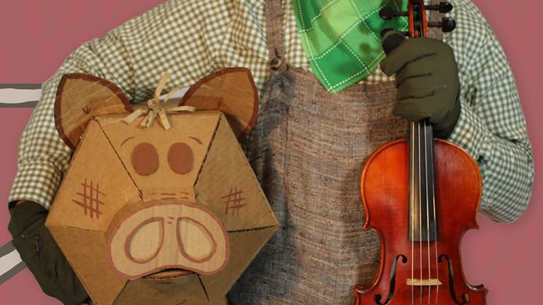 An image of a performer in a brown checkered shirt, brown overalls, green printed necktie, and gloves holds the neck of a violin in one hand and carries a stylized cardboard pig under their other arm. 
