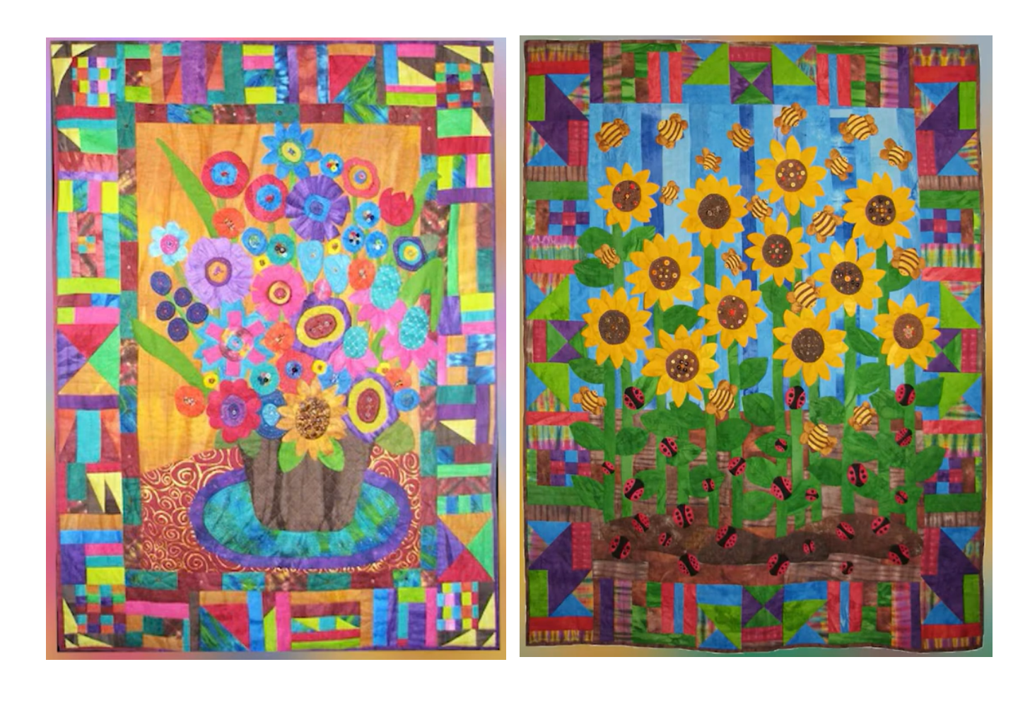 Photos of two quilts side by side. The one on the left depicts a very colorful bouquet in a vase. The one on the right depicts a garden of sunflowers.