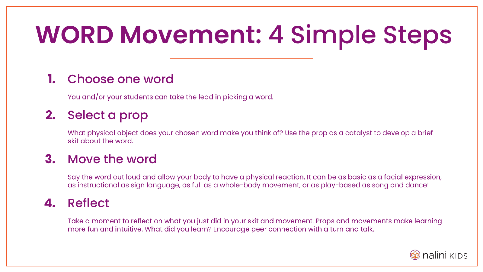 A graphic listing the steps for integrating word movement. Choose one word. You and/or your students can take the lead in picking a word. Select a prop. What physical object does your chosen word make you think of? Use the prop as a catalyst to develop a brief skit about the word. Move the word. Say the word out loud and allow your body to have a physical reaction. It can be as basic as a facial expression, as instructional as sign language, as full as a whole-body movement, or as play-based as song and dance! Reflect. Take a moment to reflect on what you just did in your skit and movement. Props and movements make learning more fun and intuitive. What did you learn? Encourage peer connection with a turn and talk.