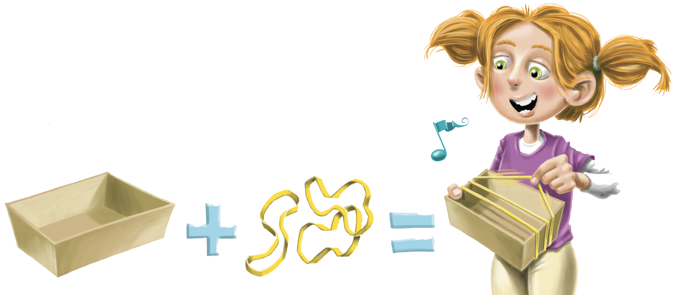 Cartoon image of a girl with pigtails stretching three rubber bands across the top of a rectangular container to make a musical instrument.
