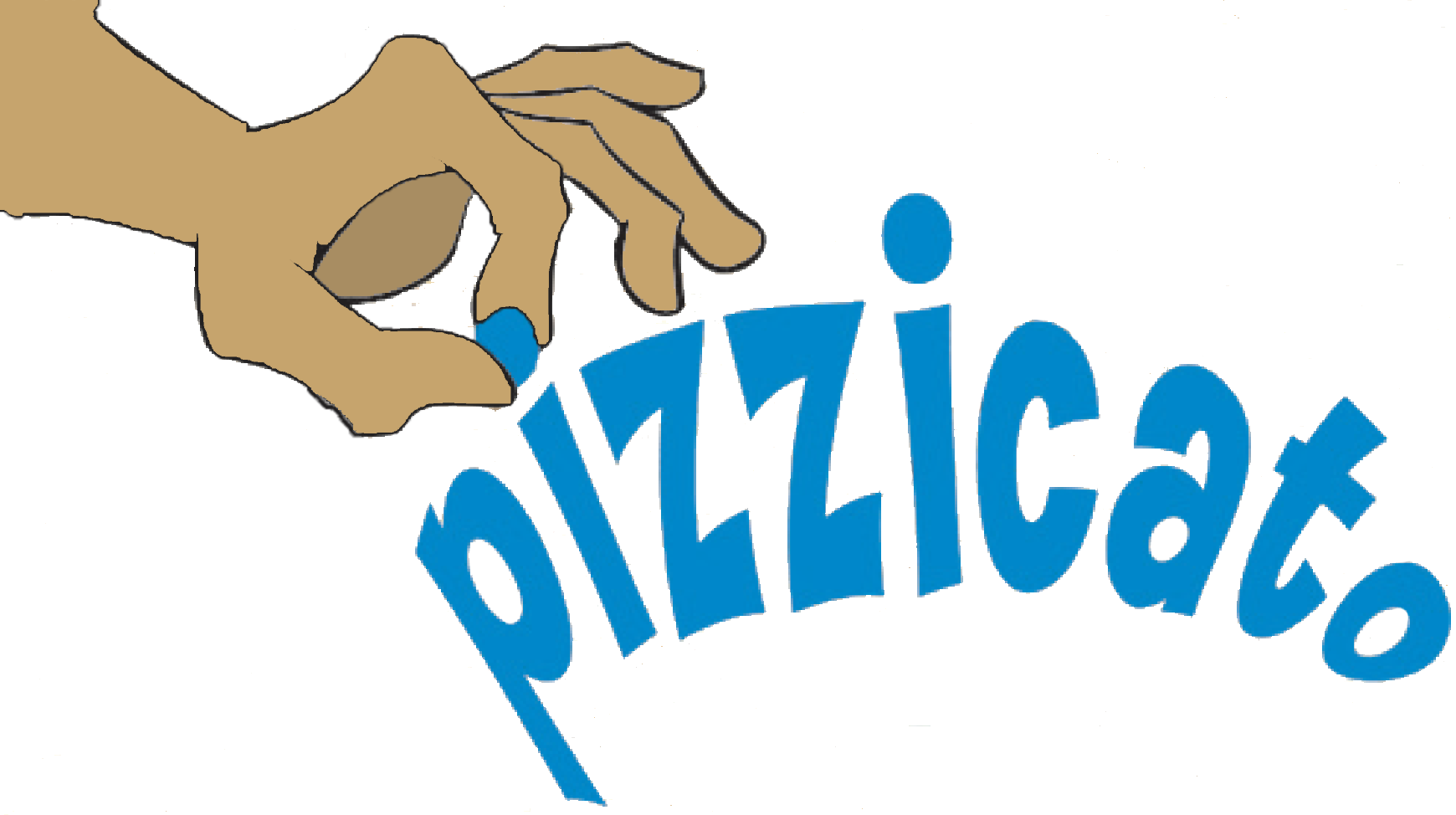 Image of hand dotting the first letter i in the word pizzicato. The word is blue.