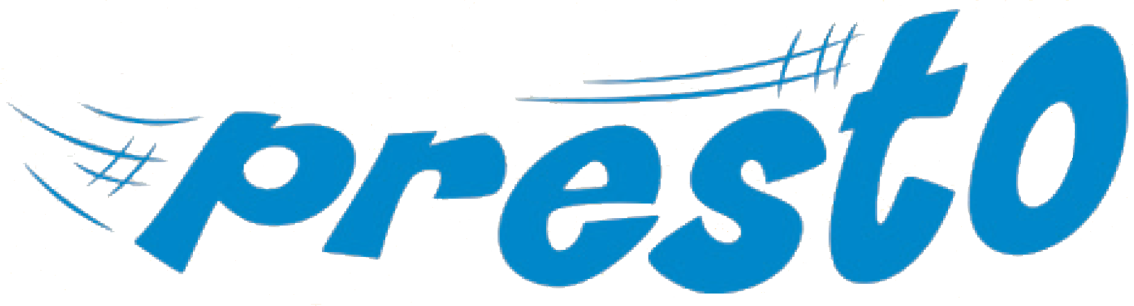 Image of the word presto in blue whooshing to right of screen.