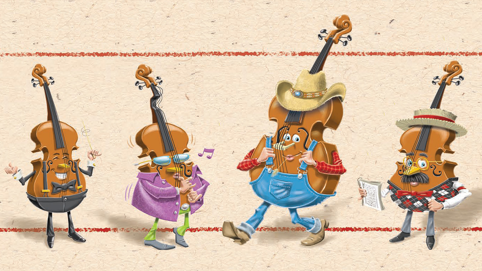 Cartoon images of four string instruments of various sizes. They all have faces, arms, and legs, and are dressed in funny outfits representing classical jazz, bluegrass, and ragtime music respectively. The characters are standing next to each other.