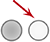 Two small dots next to each other. The dot on the left shaded gray, the dot on the right is white with a red arrow above pointing at the white one.