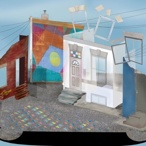 A digital rendering of the pastel-colored sketch of the set showing an urban residential street scene with sidewalk, apartment buildings and clotheslines.