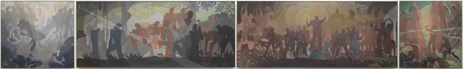 An image of the four-panel mural by Aaron Douglas called Aspects of Negro Life. The images show the stylized, soft silhouettes of people in different outdoor scenes representing the Black experience.