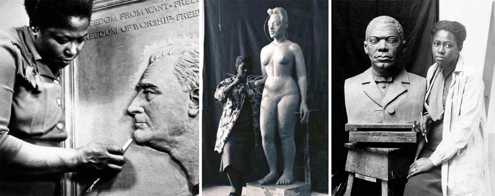 A three-paneled sequence of black-and-photos featuring Black artists Selma Burke. In the first panel, Burke uses a sculpting tool to work on the chin portion of a plaque of President Franklin D. Roosevelt. In the second panel, she works on a large-scaled statue of a nude woman. In the third panel, she poses next to the bust. 