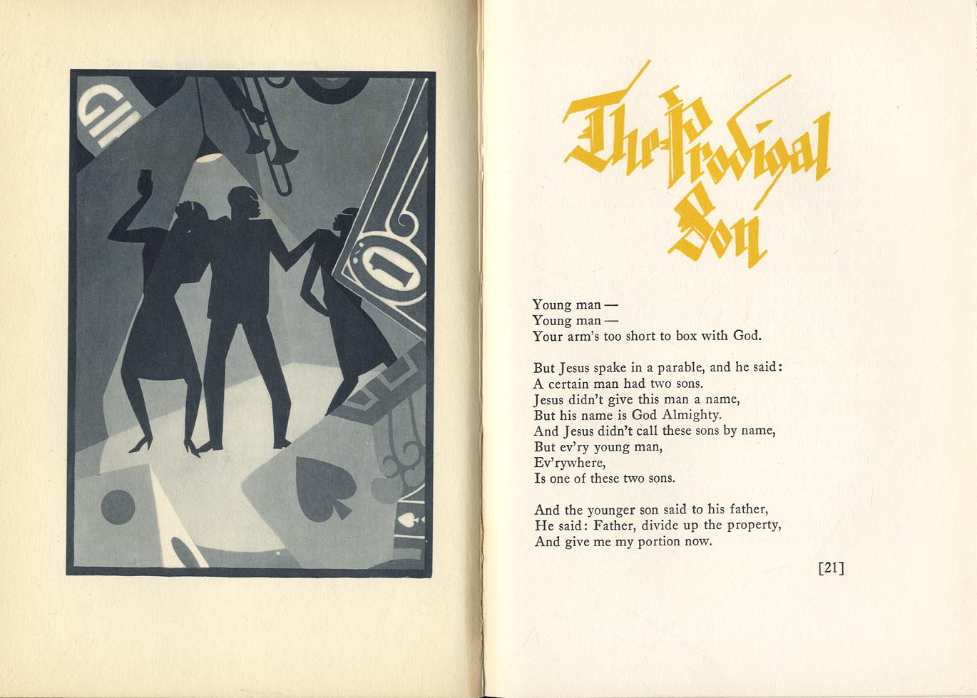 A scanned copy of a page spread for “The Prodigal Son” by James Weldon Johnson. On the left page is a stylized illustration by Aaron Douglas of three adult silhouettes underneath a spotlight and a hand playing a trombone. The edges of playing cards and a one-dollar bill align the bottom and right edge of the image. On the right page is the poem’s text.