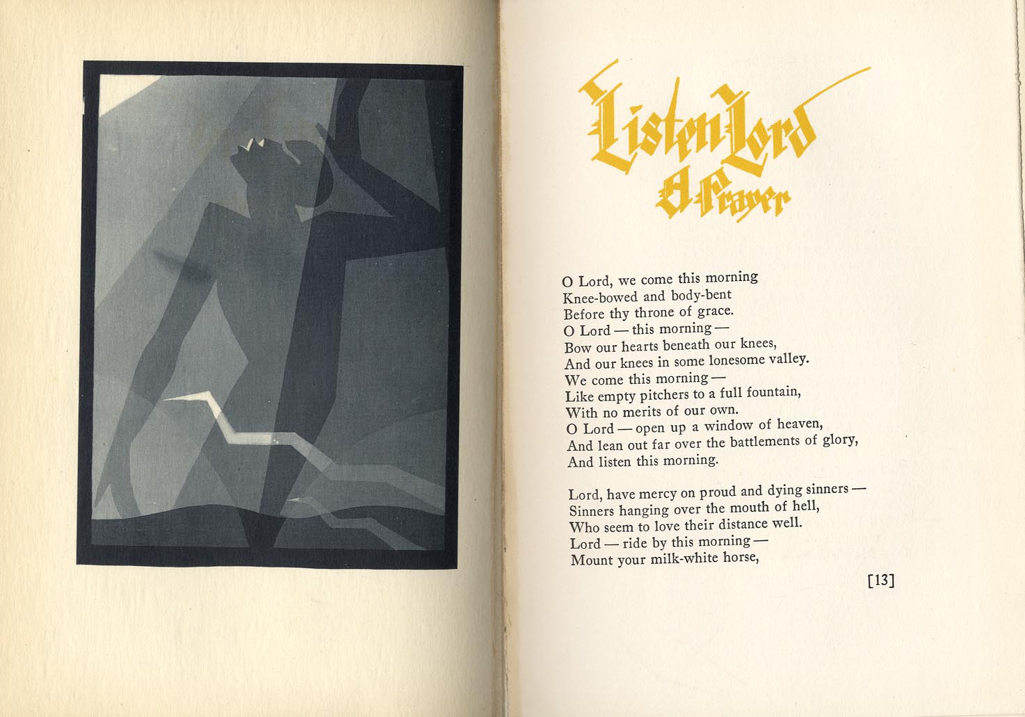 A scanned copy of a page spread for “Listen Lord: A Prayer” by James Weldon Johnson. On the left page is a stylized illustration by Aaron Douglas of a person’s silhouetted figure. Their head tilts upward with one arm raised and the other arm extended downward. On the right page is the poem’s text.