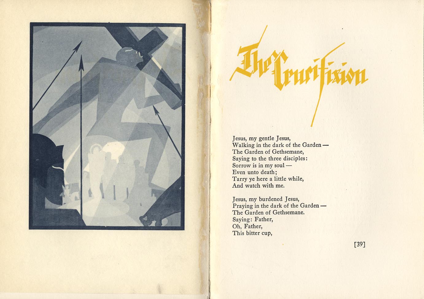 A scanned copy of a page spread for “The Crucifixation” by James Weldon Johnson. On the left page is a stylized illustration by Aaron Douglas of a man’s silhouette as he carries a life-sized cross in his hands. Beneath him are three spear-like objects, the profile of a soldier-like person wearing a helmet, and the snout of a horse. On the right page is the poem’s text. 