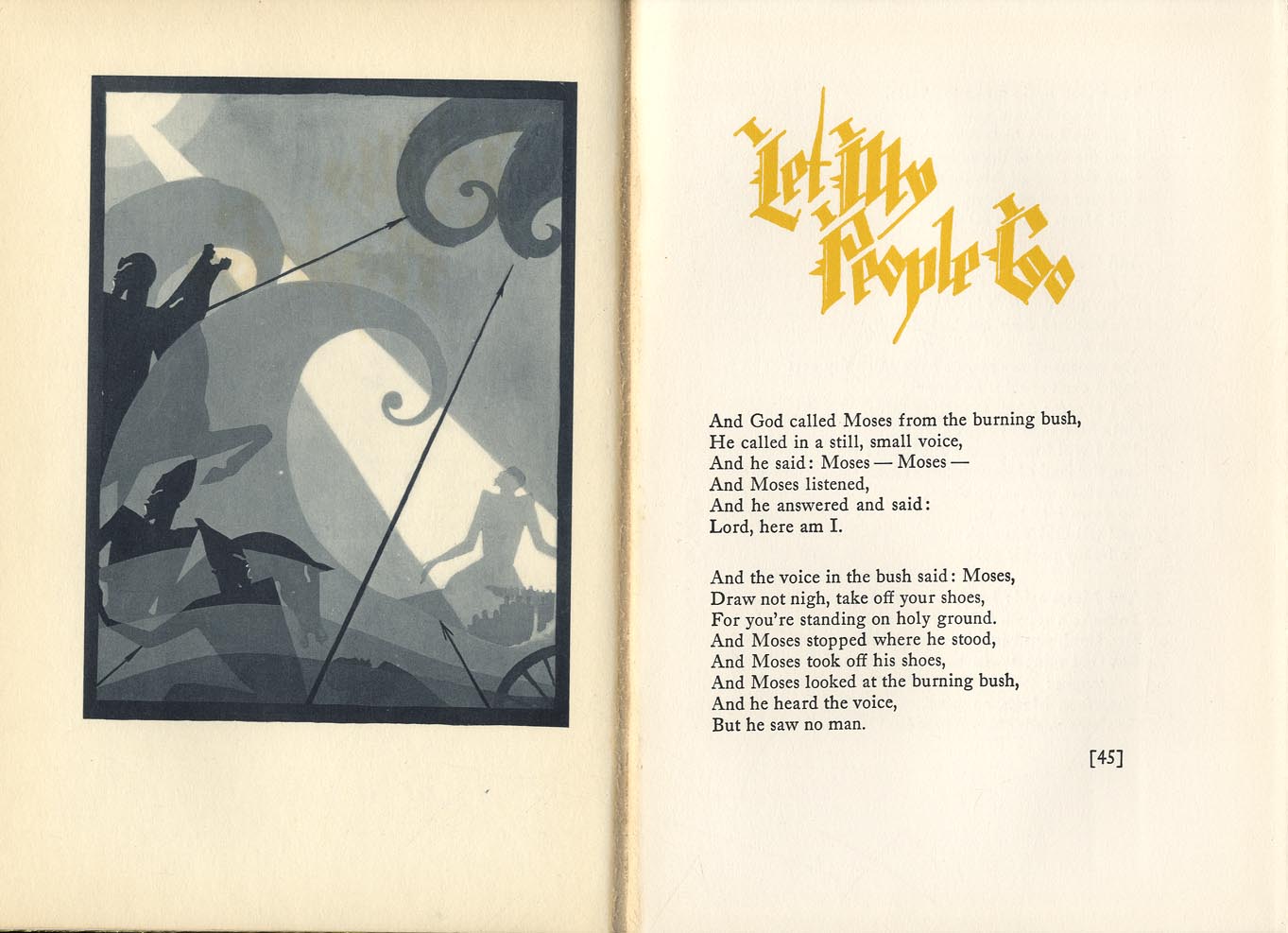 A scanned copy of a page spread for “Let My People Go” by James Weldon Johnson. On the left page is a stylized illustration by Aaron Douglas. On the left edge of the image are people wearing helmets on horses overlaid with waves. Spears point away from them. The sun in the upper left corner shines a bright beam of light down onto a person’s silhouette, under which the silhouettes of stream of people move away from the soldiers. On the right page is the poem’s text. 