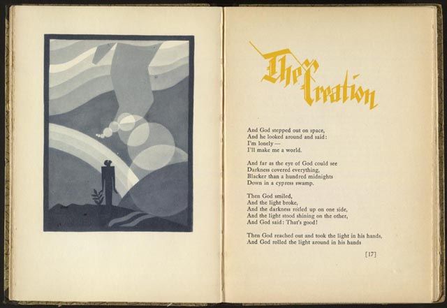 A scanned copy of a page spread for “The Creation” by James Weldon Johnson. On the left page is a stylized illustration by Aaron Douglas of a human standing on a hill next to a plant sprig. The person looks up into a sky that has a rainbow and wavy clouds, and sun flare circles arcs over them. On the right page is the poem’s text. 