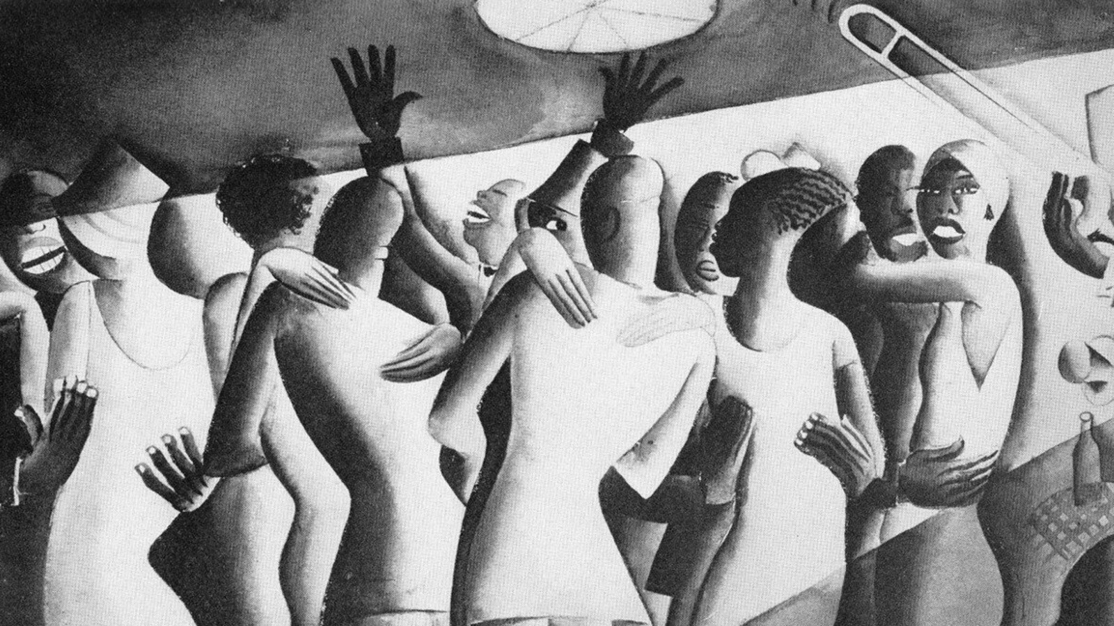 An illustrated image in black and white featuring a lively and crowded dance floor of Black people. The end of a trombone is pointed in the air mid-note on the right side of the image. 