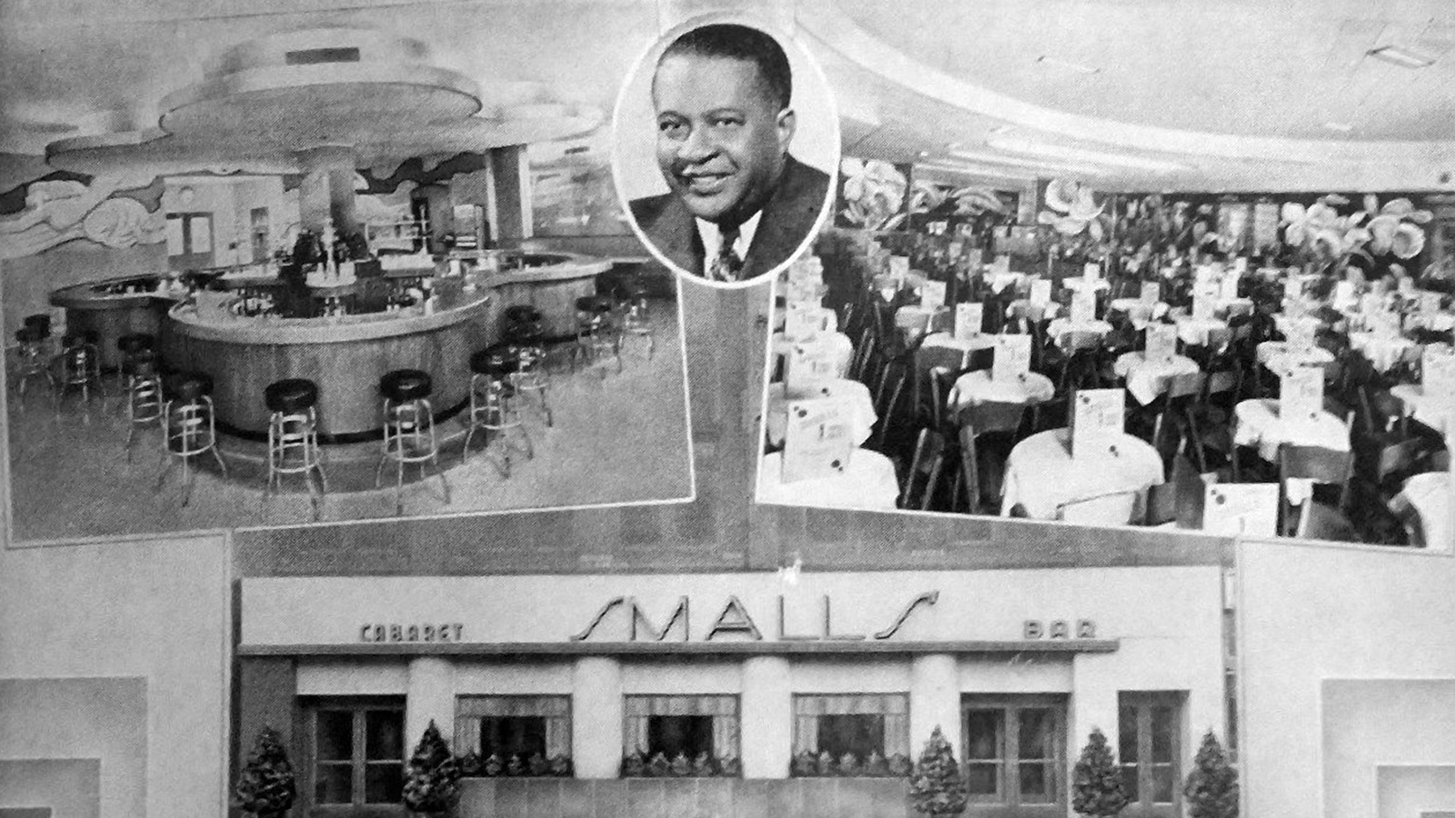 A collage of black-and-white photos featuring both exterior and interior shots of the speakeasy called Small’s Paradise. These photos include the front of the building with its signage, the bar area surrounded by low bar stools, and many small circular tables with light-colored tablecloths.  