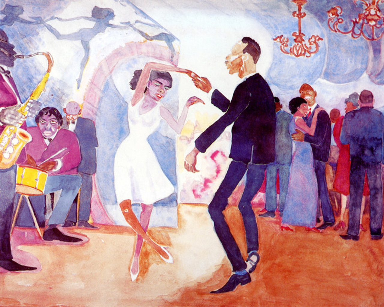 A Palmer Hayden painting featuring a Black couple in the middle of a dance floor. The man wears a dark suit and twirls a woman in a white dress with matching white shoes. On the left is a saxophonist and drummer. On the right are other couples in dark outfits dancing together. Two chandeliers hang in the top right corner of the painting, and a design of female dancers holding hands is on the wall above the musicians in the top left corner of the painting.  