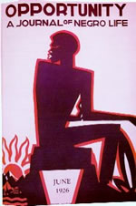 An image of a magazine cover with the title &ldquo;Opportunity: A Journal of Negro Life&rdquo; displayed at the top. The illustrated silhouetted profile of a Black person sits on an object, looking over their shoulder. Within the seat is the date stamp of June 1926. In the bottom left corner of the cover is an illustration of the sun peeking above a mountain range.