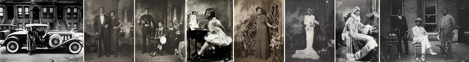 An eight-panel sequence of black-and-white photos of Black adults and children representing Harlem’s elites in refined outfits, such as fur coats, fine suits, gowns, and dresses. The different photo subjects pose on a street next to their automobile, with chairs outside of a building, and inside beside floral decorations. 