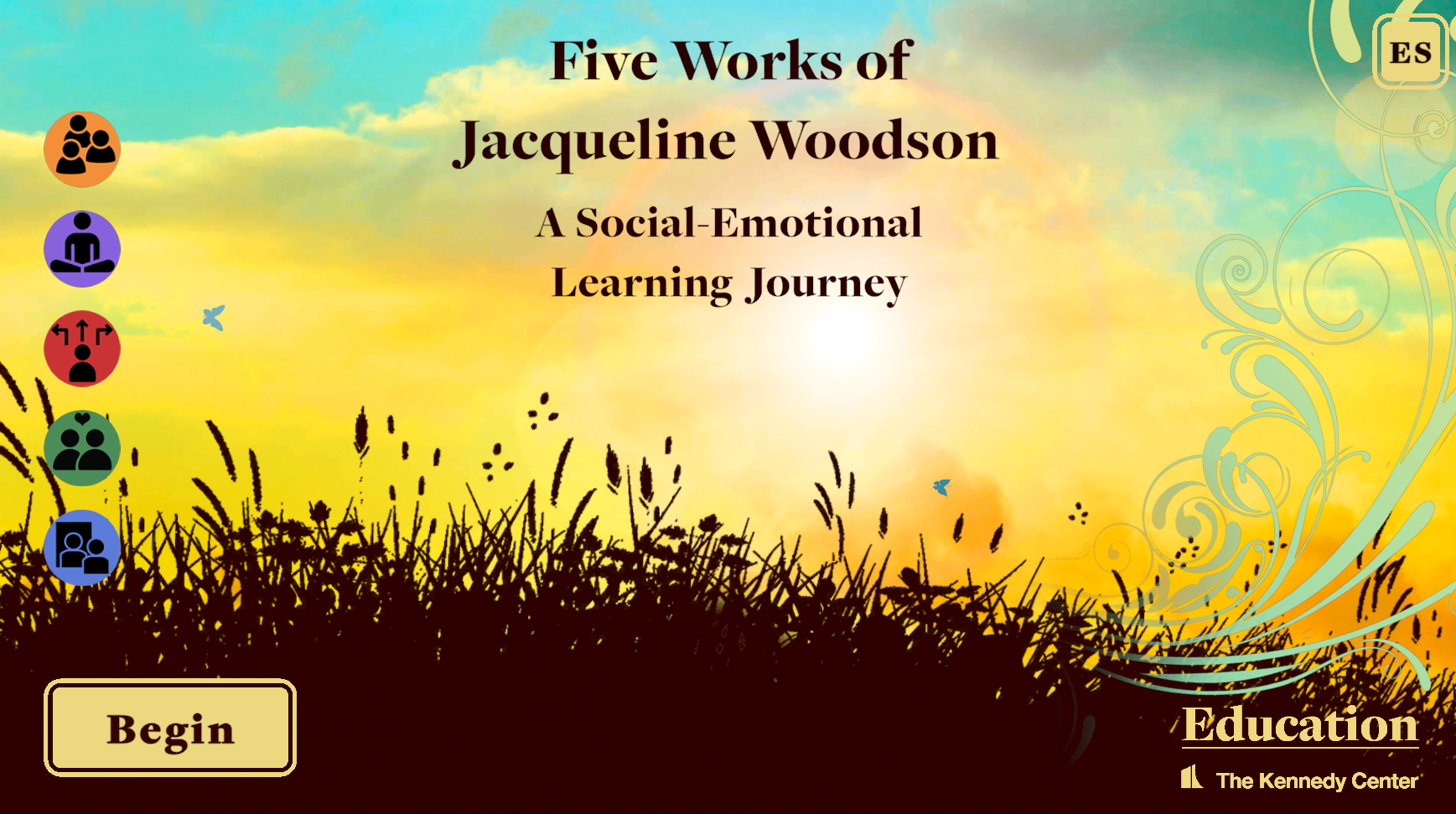 Still image of the opening screen of the interactive. Background is an illustration of a hay field at sunset with a light blue butterfly. The title is superimposed and there are five circular colored icons down the left hand side (orange, purple, red, green, blue) each representing one of the five CASEL social emotional learning competencies
