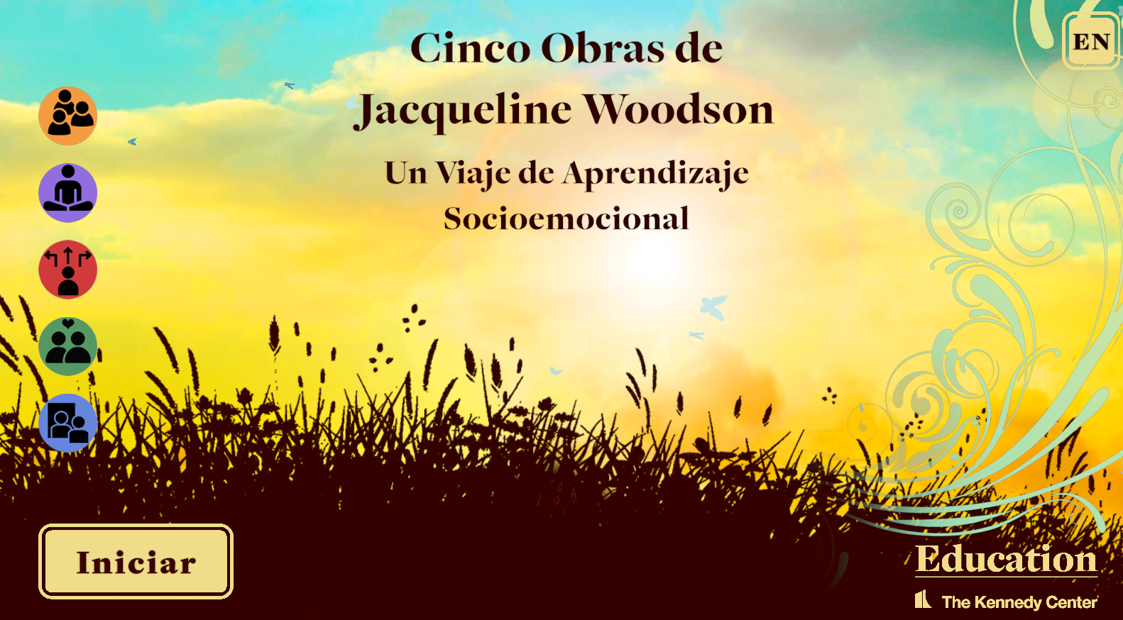 Still image of the opening screen of the interactive. Background is an illustration of a hay field at sunset with a light blue butterfly. The title is superimposed and there are five circular colored icons down the left hand side (orange, purple, red, green, blue) each representing one of the five CASEL social emotional learning competencies