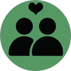 A green circle with silhouettes of two people inside with a heart above them.