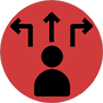 A red circle with a silhouette of a person with three arrows above them pointing in different directions.