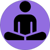 A purple circle with a silhouette of a person sitting in a yoga position.