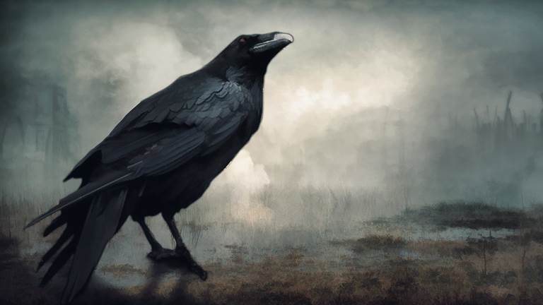 A painting of a crow. The crow rests to the left of the painting. There is a cloudy sky in the background. 