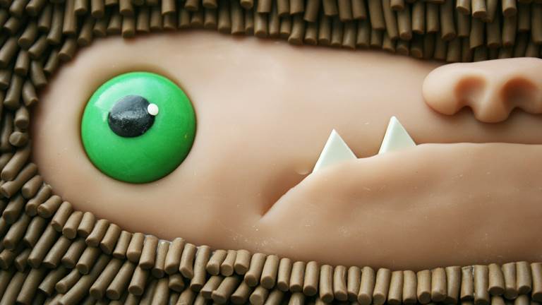 A close-up photo of a clay-sculpted Sasquatch's face. The Sasquatch has one green eye, brown fur, and an underbite with two pointy teeth sticking out.  