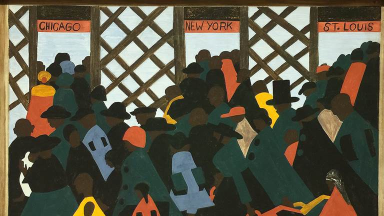 A Jacob Lawrence painting of the great migration north by southern African Americans during World War One. The painting depicts a chaotic crowd of people in a train station. There are three ticket windows marked Chicago, New York, and St. Louis.