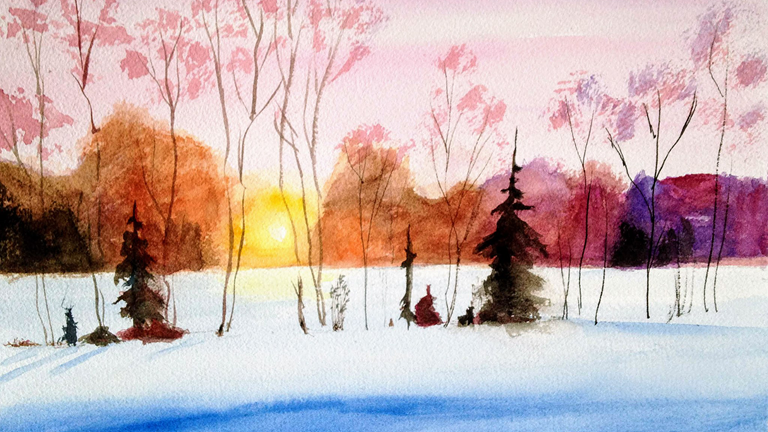 A watercolor painting of a wintery landscape at sunset.