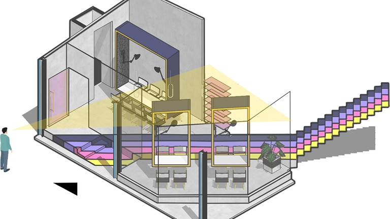 A 3-D graphic of an office room design. 