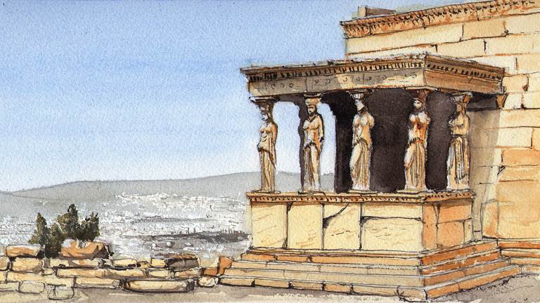 A watercolor painting of Acropolis in Athens, Greece.