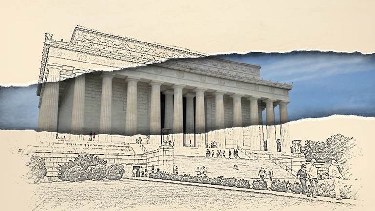 An architectural illustration of the Lincoln Memorial. 