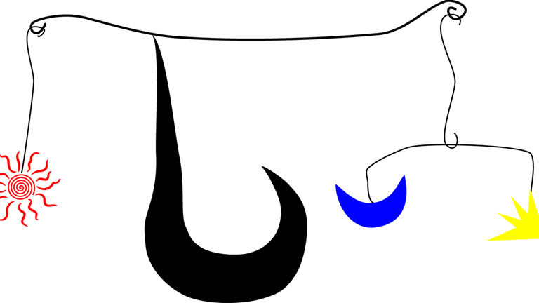 An illustration of a mobile with a sun, star, moon, and another unique shape balancing.