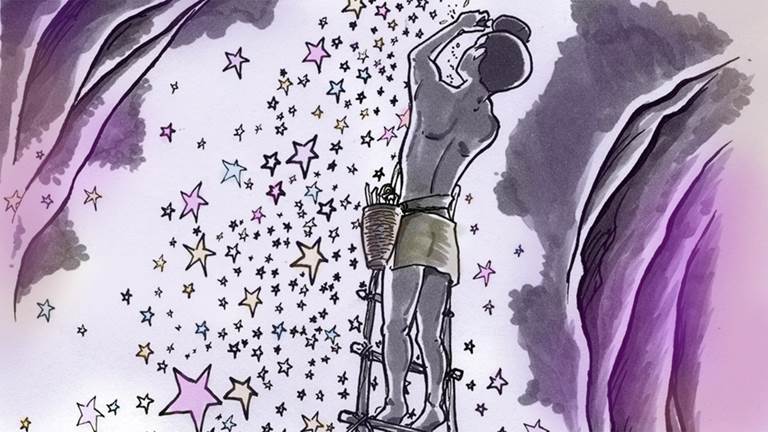 An illustration of a man climbing a ladder to hang stars in the sky. 