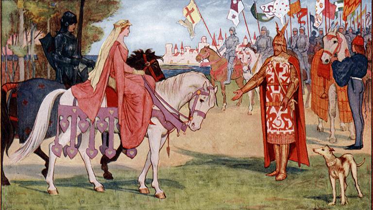A painting of Lancelot bringing Guinevere to Arthur. Lancelot is on a brown horse and Guinevere is on a white horse. King Arthur is standing with his hands gestured towards Guinevere. 