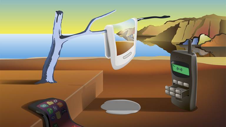 A modern depiction of Salvador Dalí's Surreal landscape with cell phones on a sunny, sea beach.