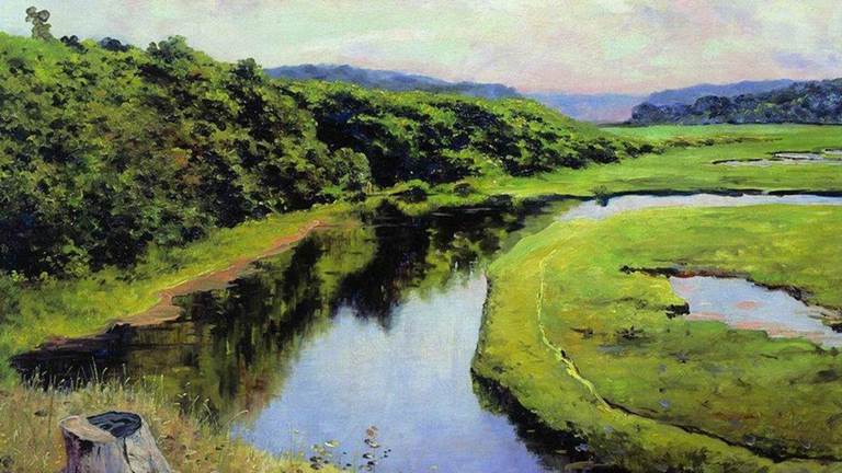 A landscape painting. There is a lush green field with trees and a creek running down the middle. 