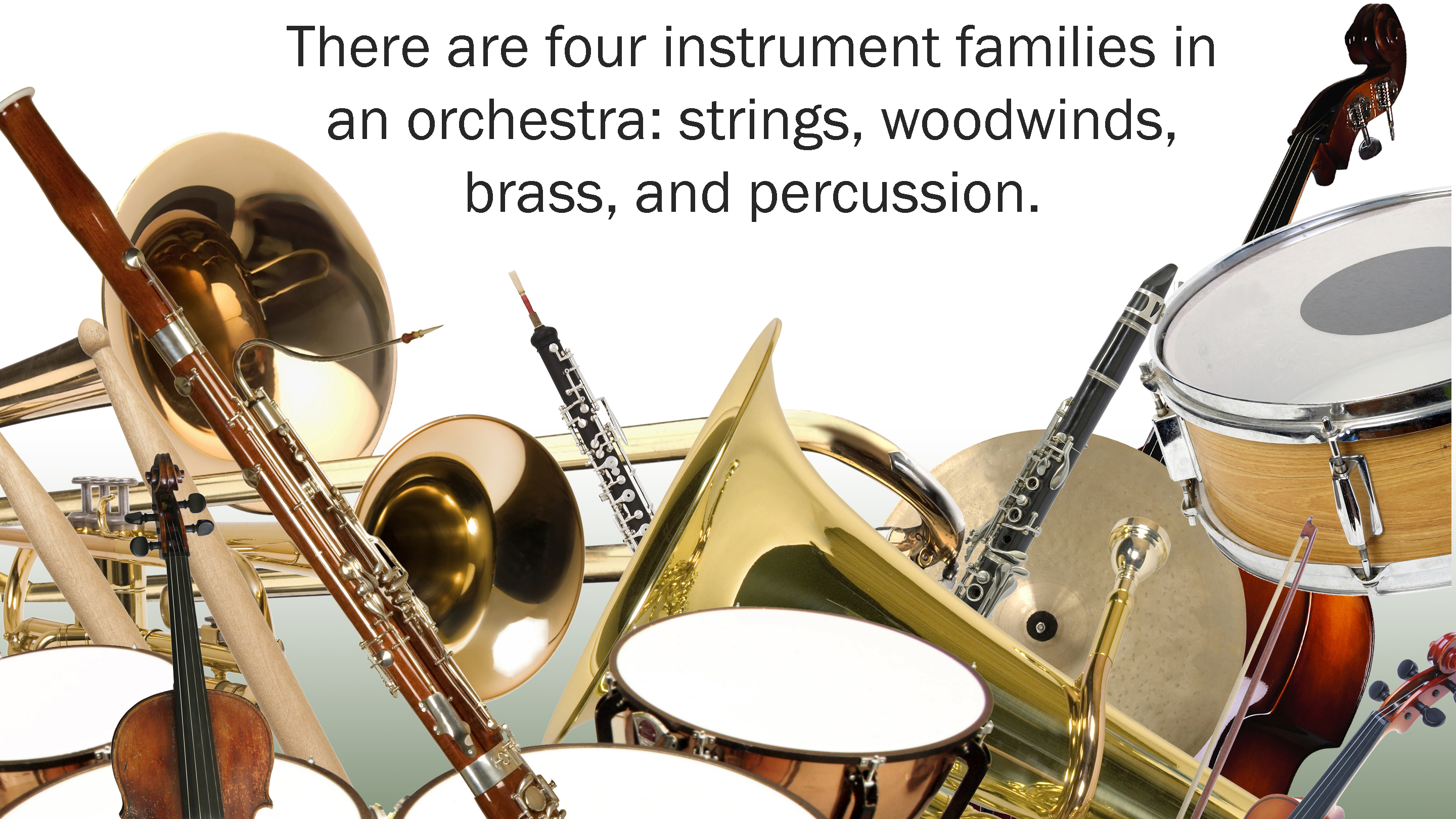An image of various types of instruments representing the instrument families of strings, woodwinds, brass, and percussion.